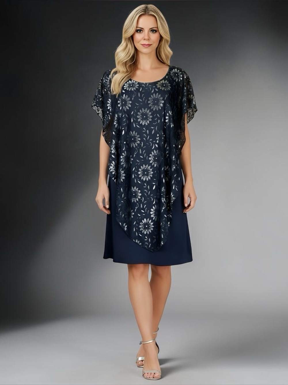 Enfocus Women Sz 16W Womens Navy Dress Lace Overlay With Silver Threaded Flowers